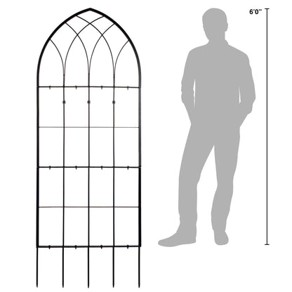H Potter gothic wrought iron garden trellis, size reference shown beside grey human silhouette