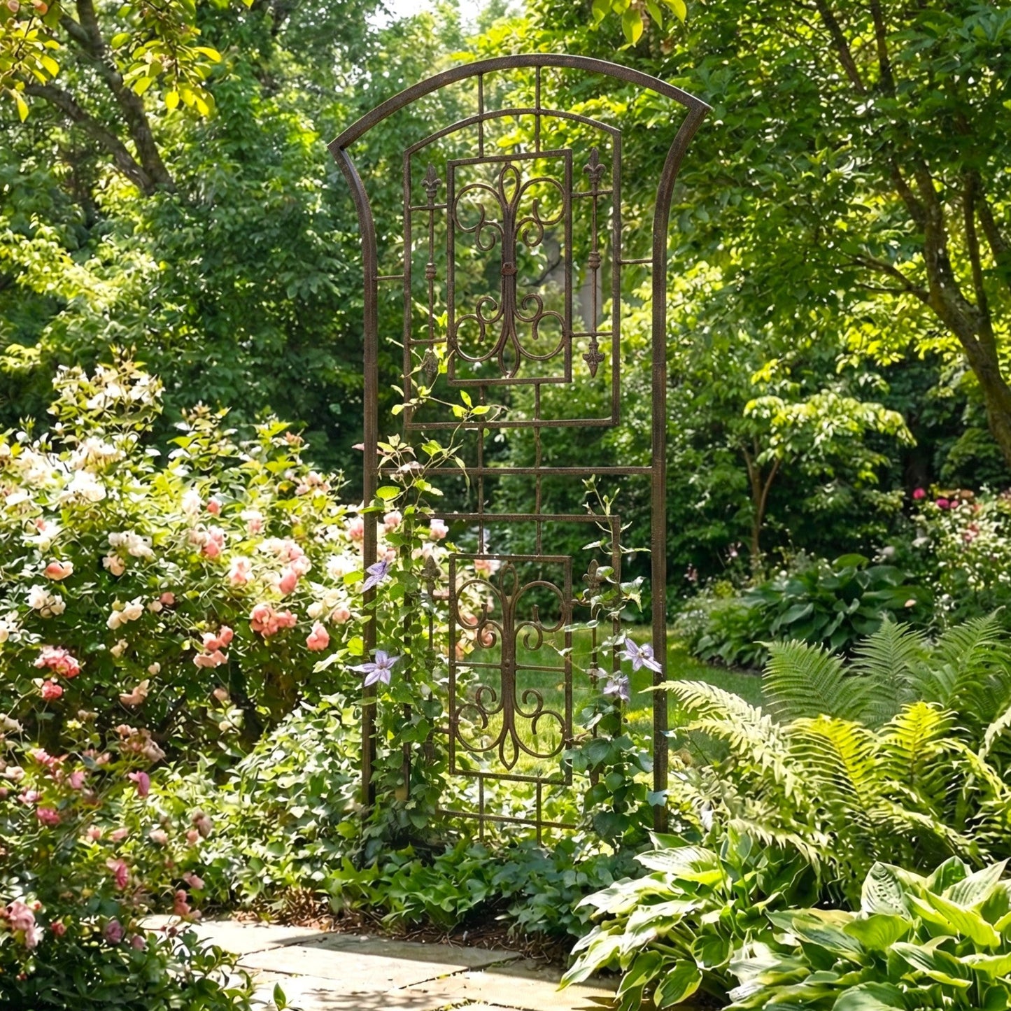 h potter metal garden trellis iron yard art in backyard landscape on stone path