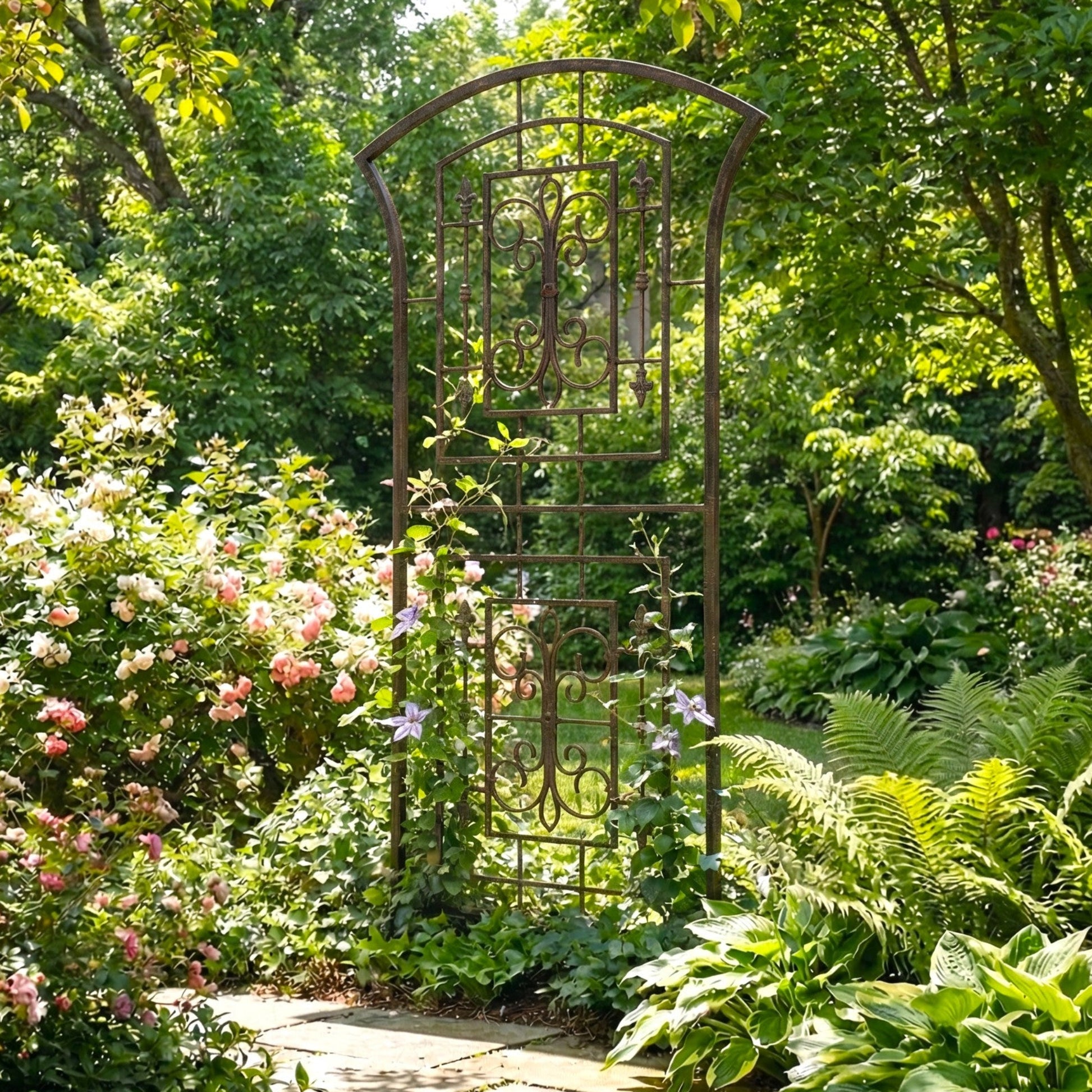 h potter metal garden trellis iron yard art in backyard landscape on stone path