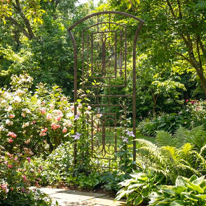 h potter metal garden trellis iron yard art in backyard landscape on stone path