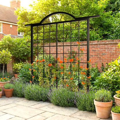 h potter black large trellis in a garden with orange flowers on a stone patio