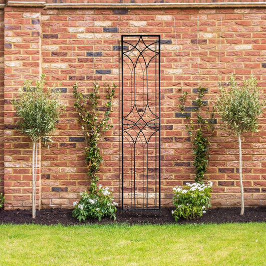 H Potter tall geometric wrought-iron garden trellis, black powder coat, freestanding hero view