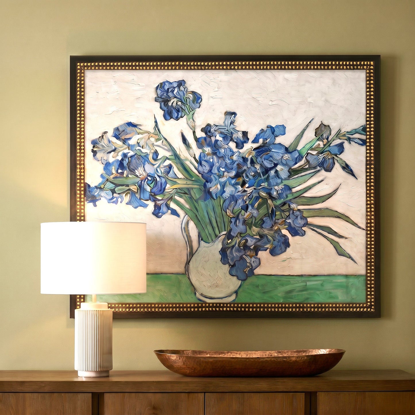 canvas botanical wall art over console table with copper dish 