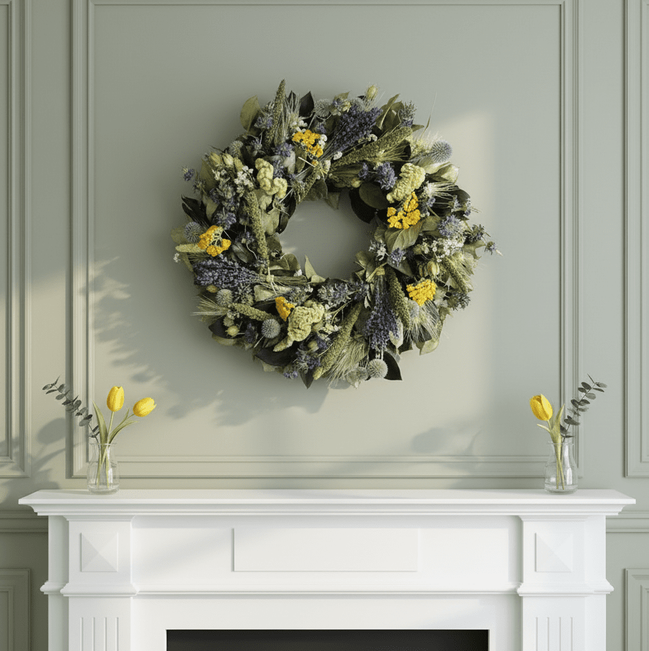 bright spring wreath with decorative blue and yellow flowers above a white mantel
