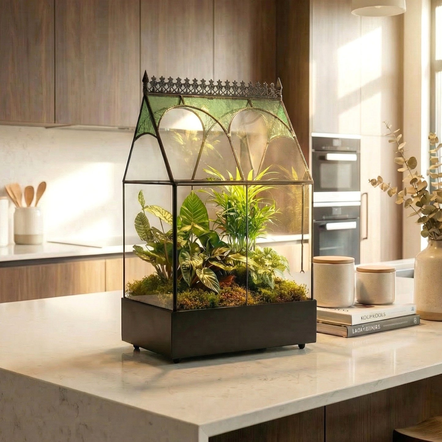 H Potter terrarium in a kitchen with green plants