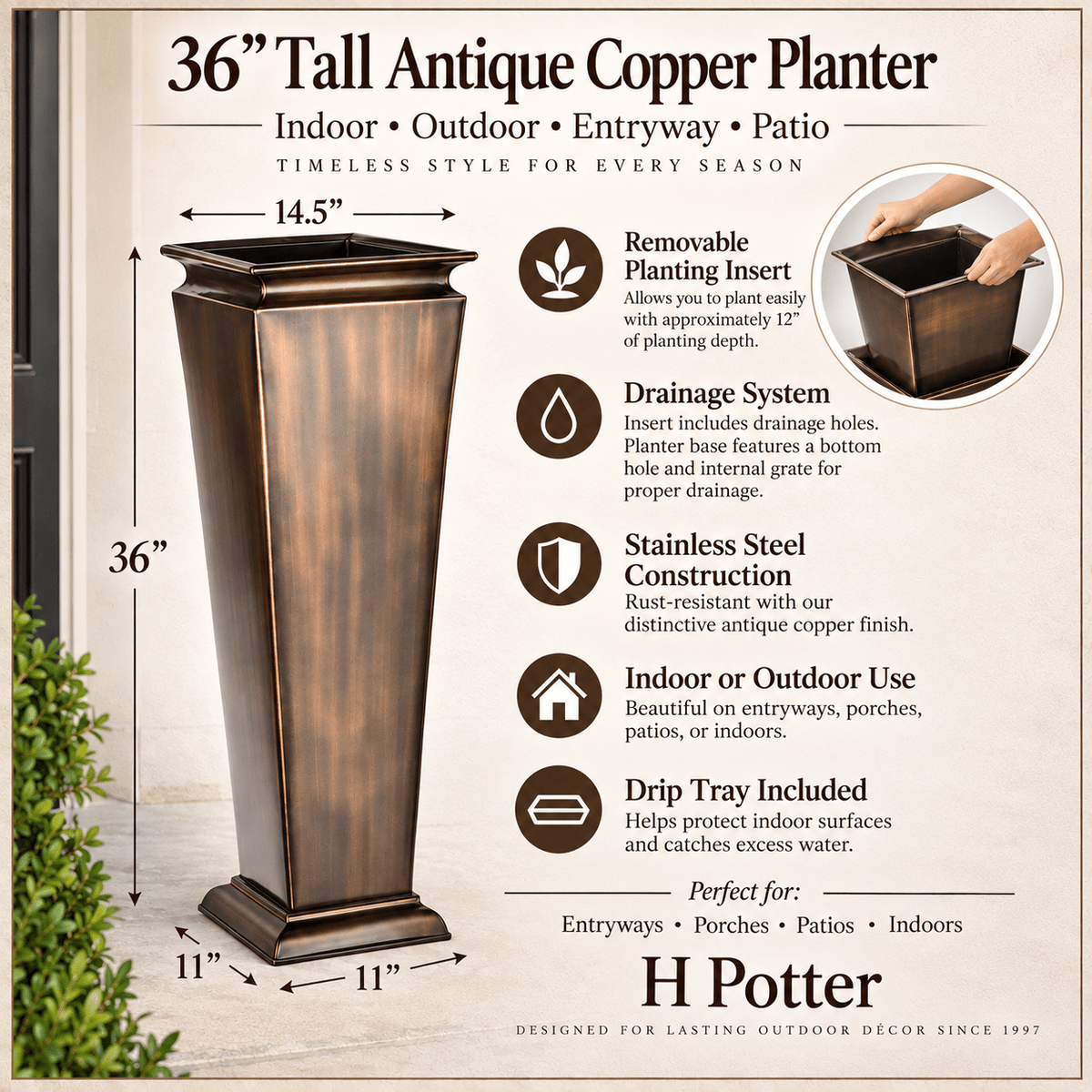 h potter brand product graphic for a 36-inch tall antique copper planter by H Potter, showing the planter from multiple angles with dimensions, feature callouts, and a small inset photo of a hand inserting a removable planting insert.
