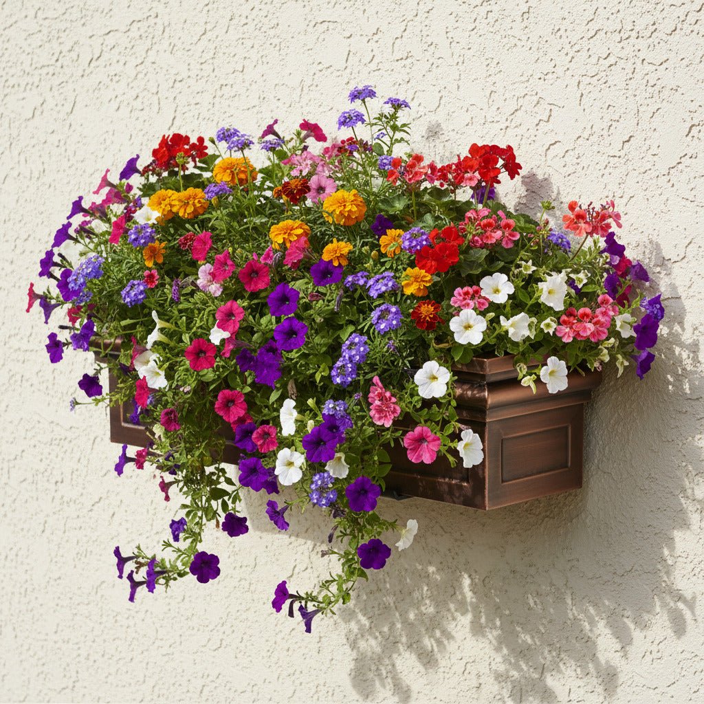 H Potter Williamsburg 30 inch copper window box mounted under window filled with flowers petunias, verbena, marigold, ivy geraniums