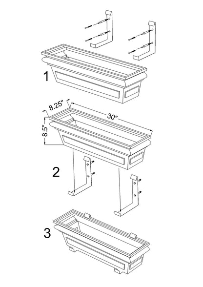 Installation diagram for H Potter 30 inch Williamsburg copper window box planter
