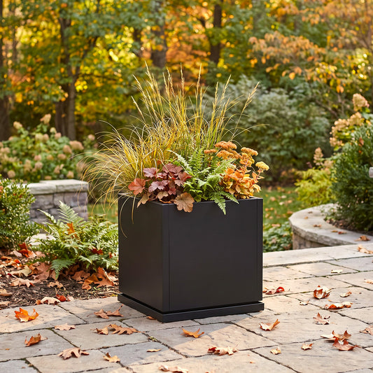 H Potter Willow 17" Black Square Metal Planter with Drip Tray | Indoor Outdoor Planter