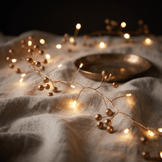 h potter woodland berry string lights with warm white LED bulbs draped over draped linen fabric, with a small brass plate in the background.