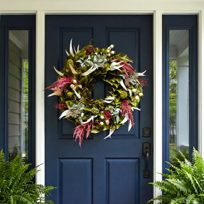 H Potter Woodland Magnolia Dried Wreath on blue door