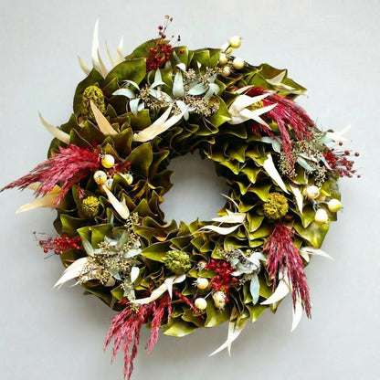 h potter woodland magnolia dried wreath on white wall in home