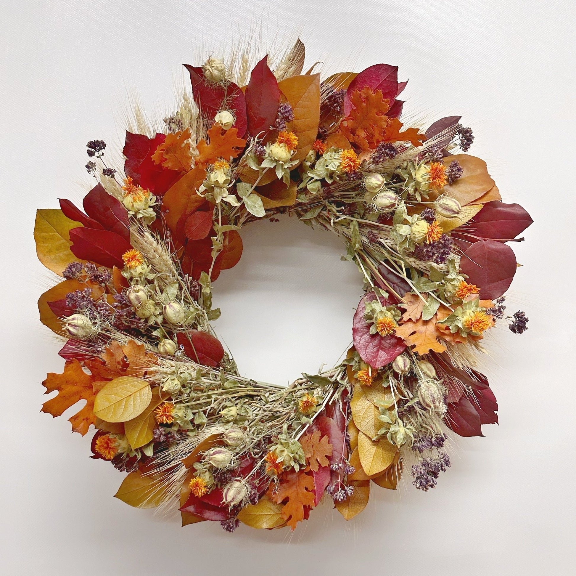 H Potter - Preserved Gratitude Autumnal Wreath preserved burgundy & orange salal, red oak, millet, safflower; indoor fall décor on white background