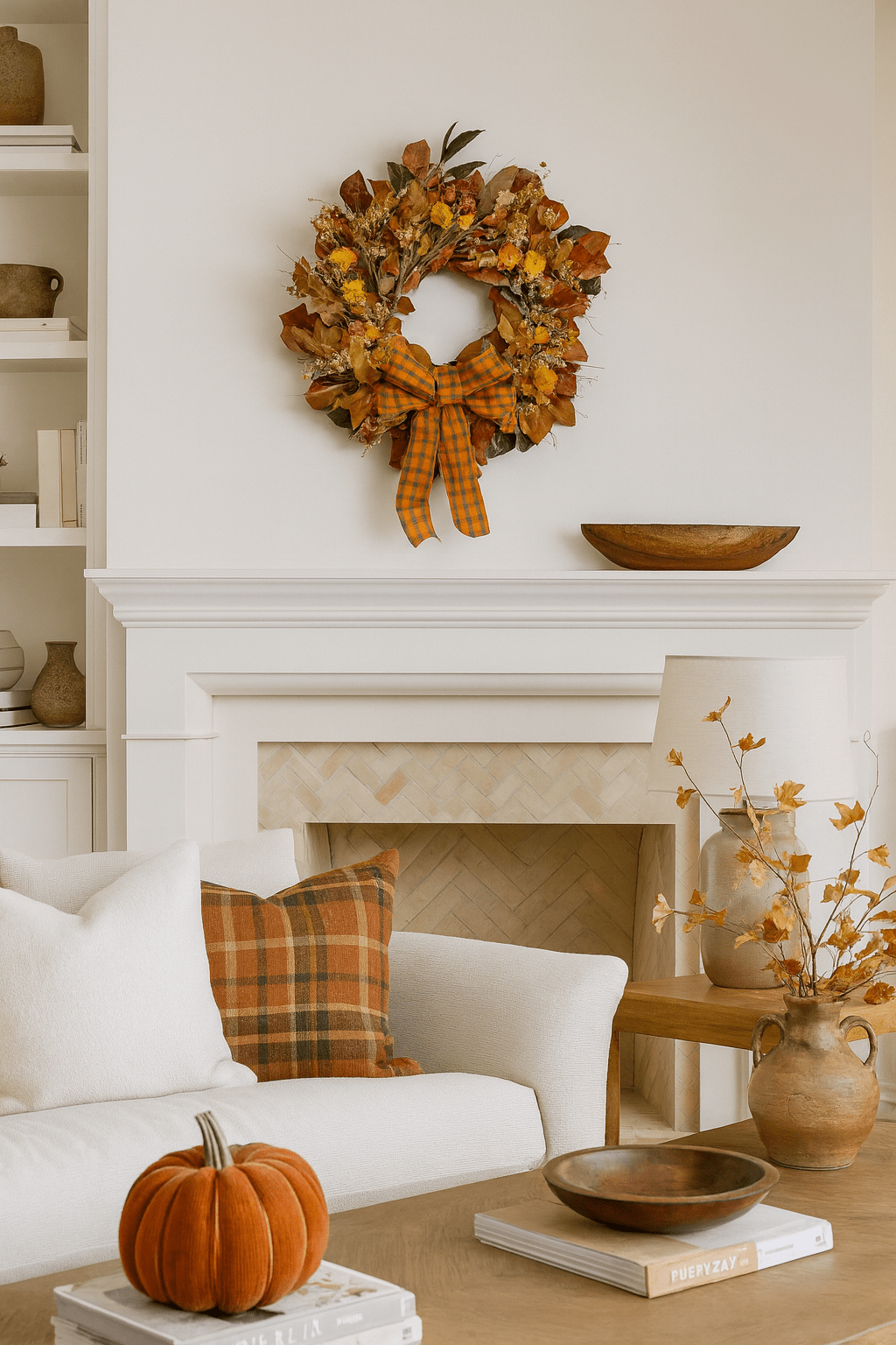 H Potter abundant autumn wreath in a living room with a fireplace decorated for fall, featuring a wreath, pumpkins, and autumn-themed decor.