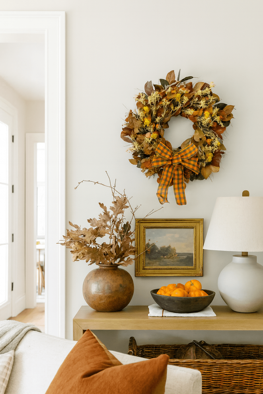 H Potter abundant autumn wreath with a plaid bow on a wall above a console table with a vase, oranges, and a lamp.