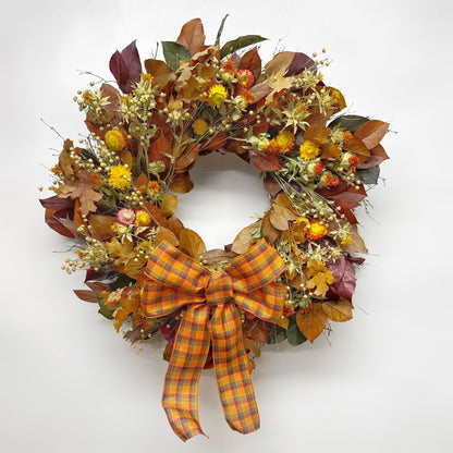 H Potter Abundant Autumn wreath—preserved salal, safflower, flax, strawflowers, twigs, orange plaid bow; indoor fall décor.