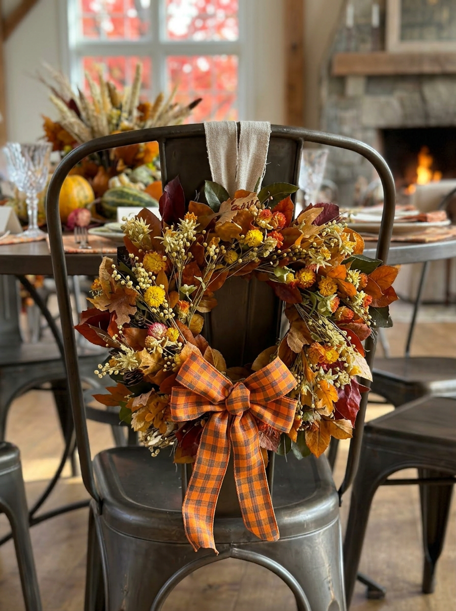 An autumn-themed floral wreath with orange and yellow leaves, small white berries, and a large orange plaid bow, hanging on the back of a dark metal chair in a cozy dining room setting.