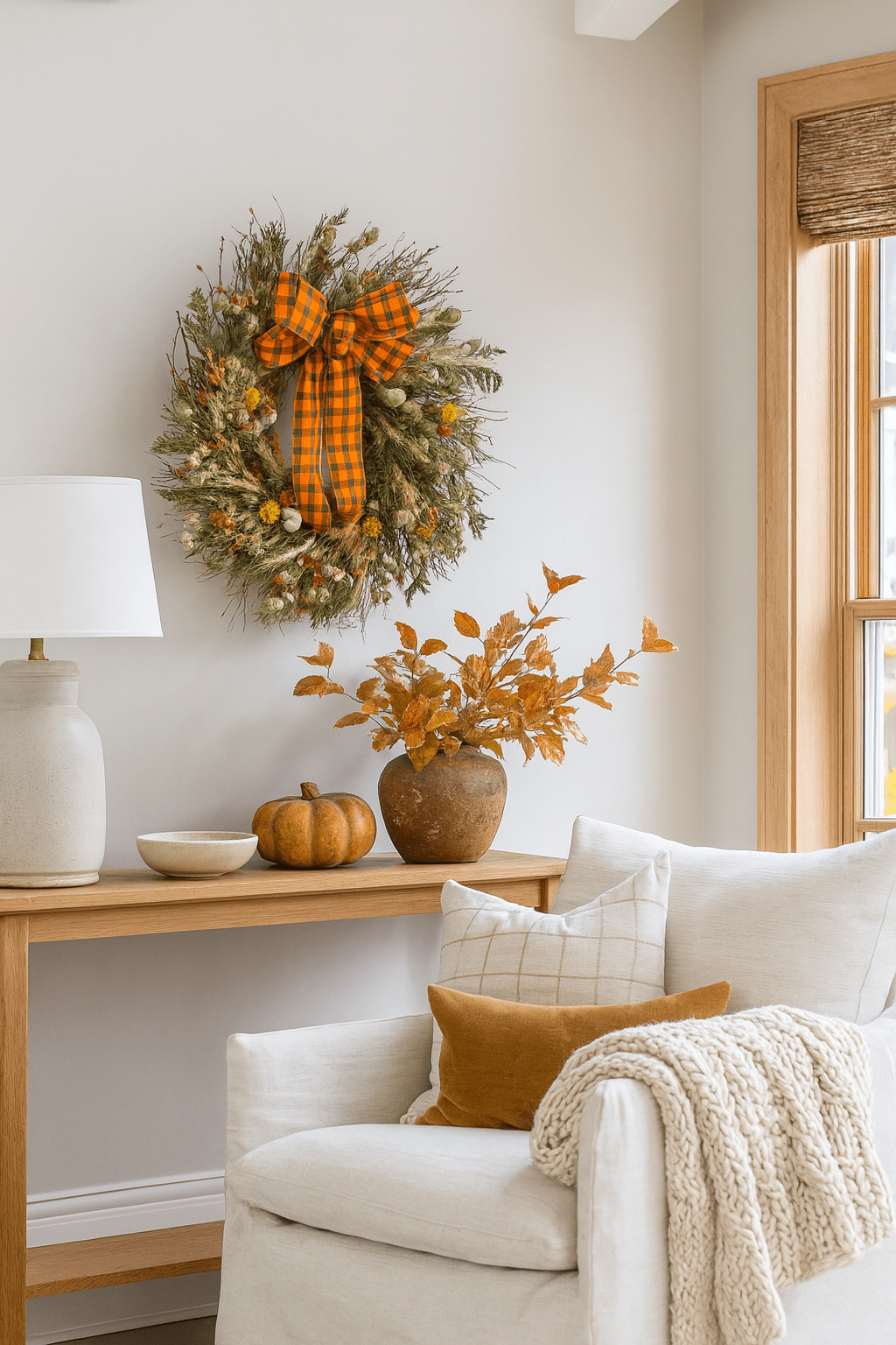 Autumn bramble wreath with bow above side table—handmade H Potter dried mix: twigs, cedar, wheat, safflower, strawflowers.