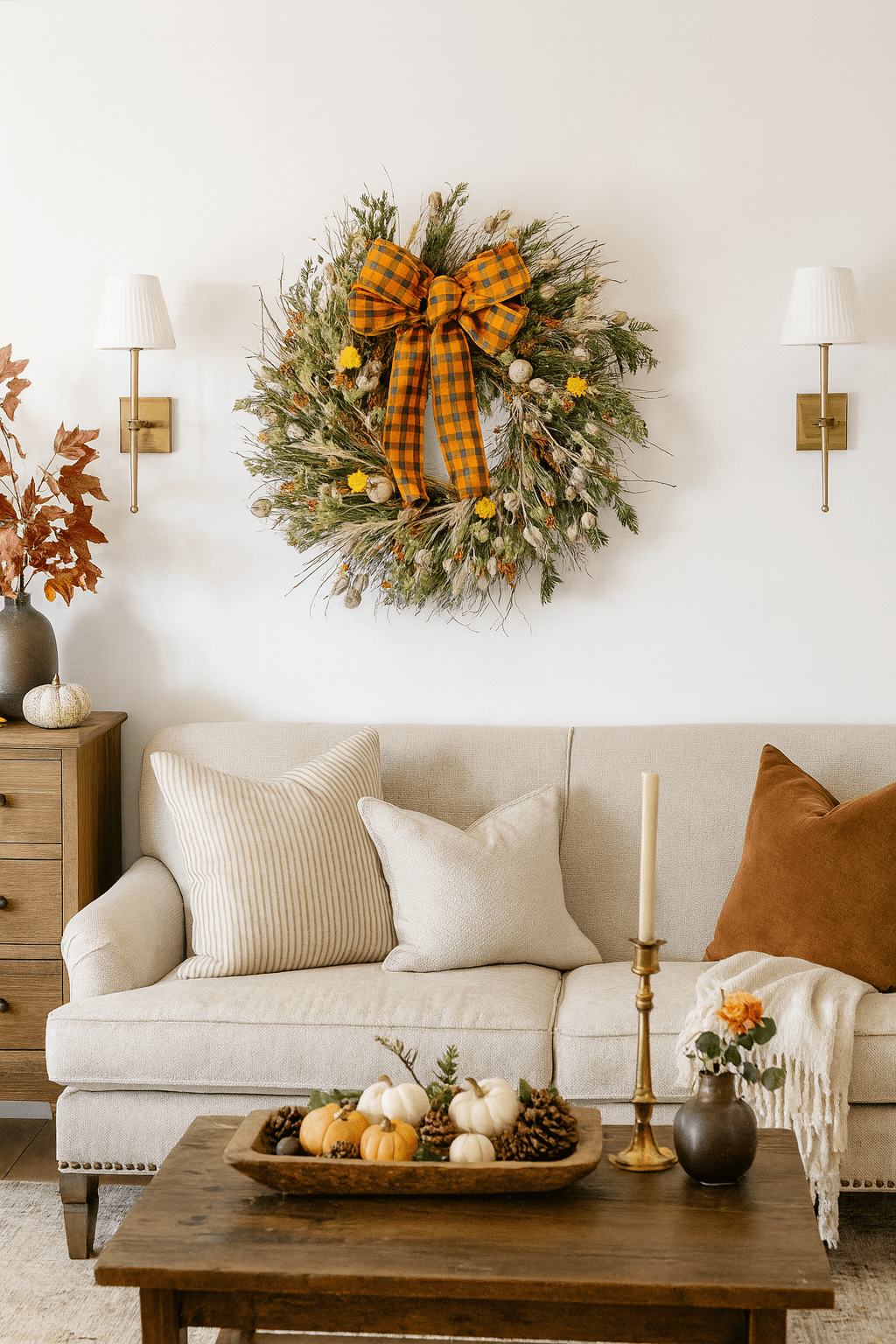 H Potter autumn bramble wreath with bow in living room—handmade dried botanicals: twigs, cedar, wheat, safflower, poppy pods