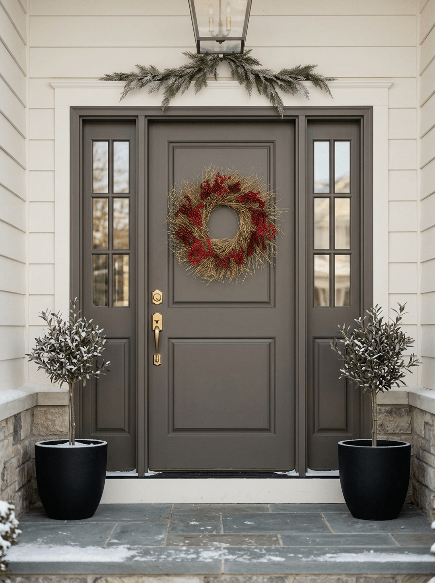 H Potter crimson gold wreath at front entryway with a dark gray double door and matching side panels, decorated with a red berry wreath on the center door, a green garland above, and two potted snow-dusted plants on either side.
