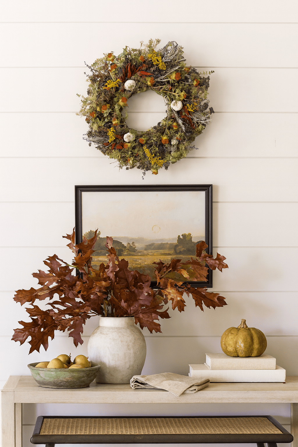 H Potter savory harvest dried botanical wreath—artemisia, oregano, baby eucalyptus, tansy, sage, safflower; indoor décor in a living room