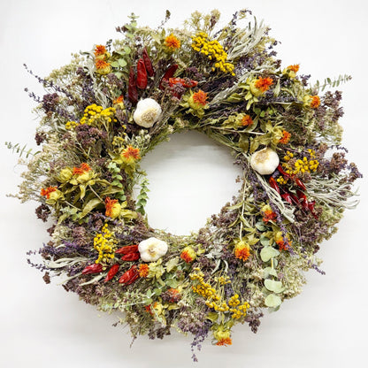 H Potter savory harvest autumn wreath—dried artemisia, oregano, baby eucalyptus, tansy, safflower, chili peppers; indoor fall décor on white background