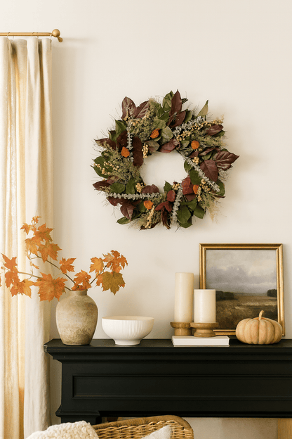 Twilight Harvest autumn wreath—preserved salal, sweet Annie, baby eucalyptus, canella berries & Chinese lanterns; H Potter.