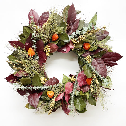 H Potter Twilight Harvest wreath—preserved burgundy salal, sweet Annie, eucalyptus, canella berries, Chinese lanterns.