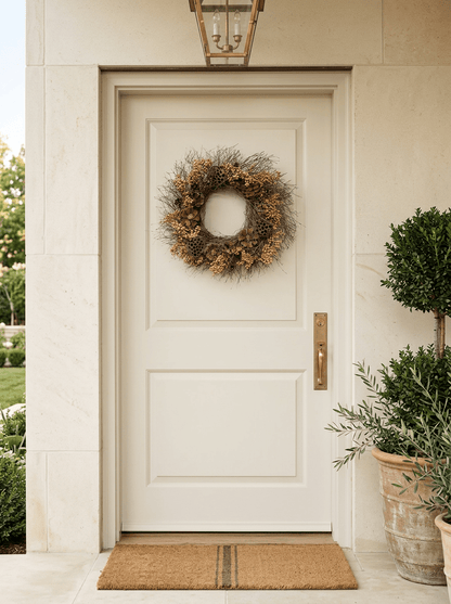 An off-white paneled front door with a round dried floral wreath hanging in the center, a brass doorknob, a tan coir doormat, and potted green plants on both sides.