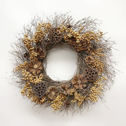 A rustic dried botanical wreath featuring natural twig branches, small beige berries, brown pinecones, and dried lotus pods, displayed against a clean white background.