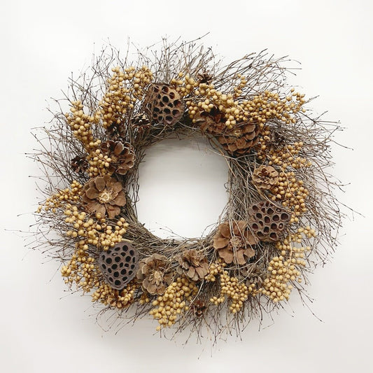 A rustic dried botanical wreath featuring natural twig branches, small beige berries, brown pinecones, and dried lotus pods, displayed against a clean white background.