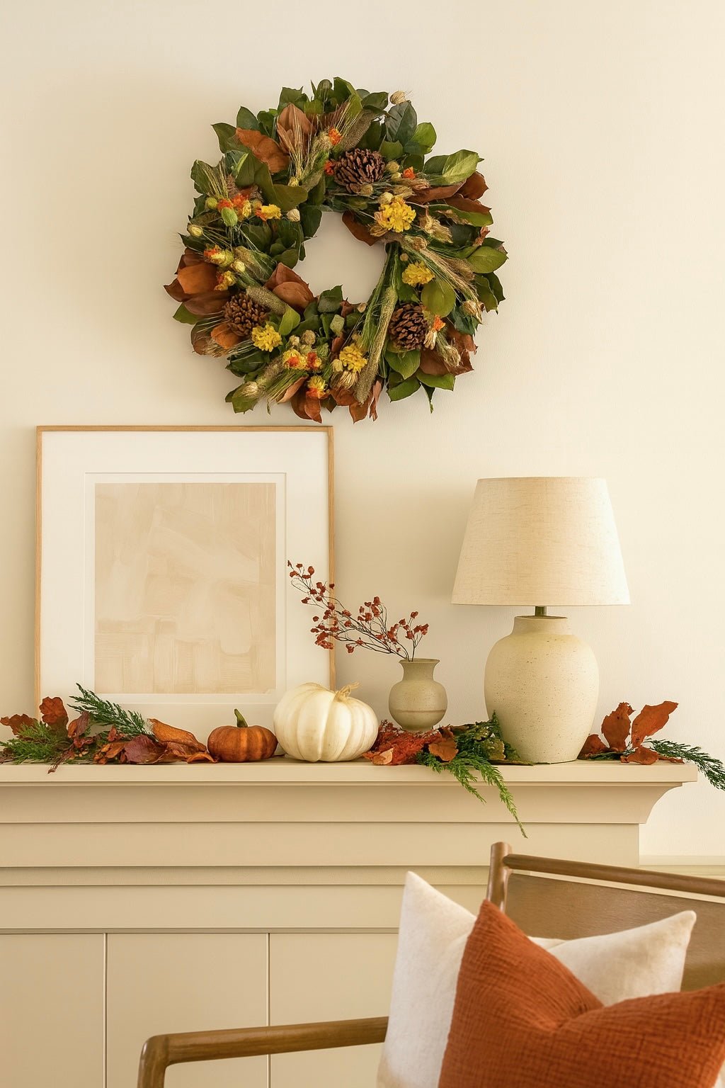 Whimsical autumn wreath—salal, dried wheat, yarrow, nigella, safflower, pine cones; handcrafted in Washington by H Potter