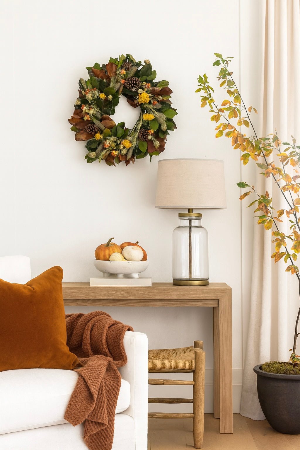 Preserved botanical wreath—indoor décor; salal, wheat, yarrow, nigella, safflower, pine cones; handmade locally for H Potter