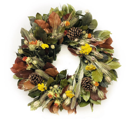 H Potter fall wreath—preserved salal, dried wheat, yarrow, nigella, safflower, Ponderosa pine cones; indoor autumn décor.