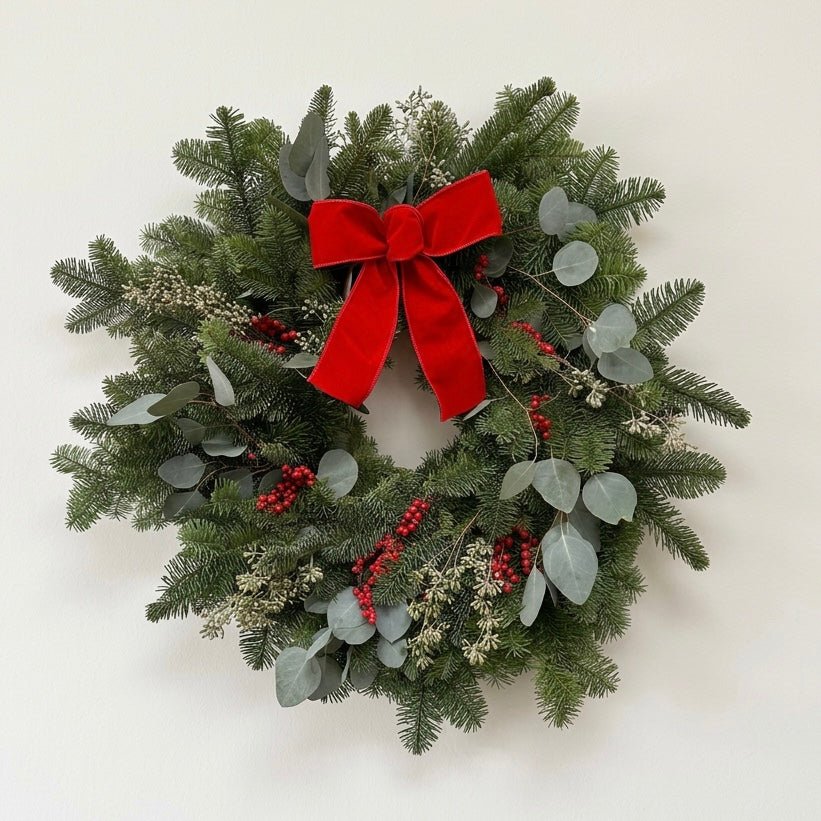 H Potter Yuletide Fresh Christmas Wreath – Noble Fir, Eucalyptus & Red Velvet Bow