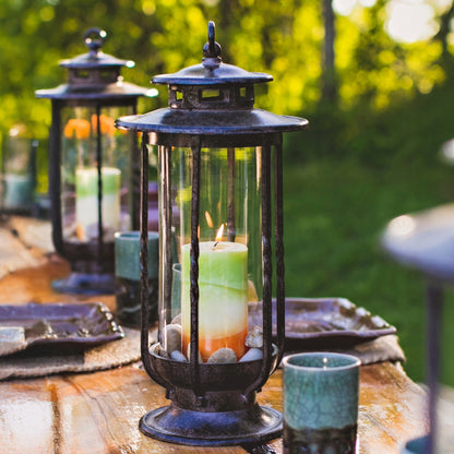 H Potter cast iron hurricane lantern — durable outdoor decorative candle holder for patio and garden use