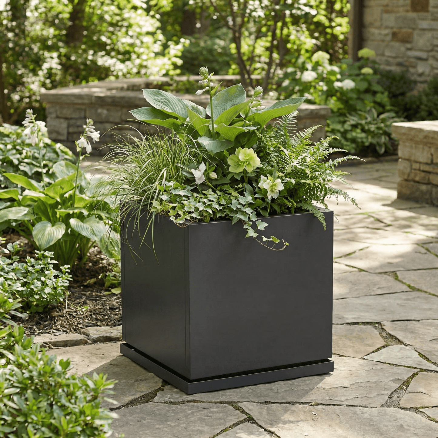 h potter planter 20 inch gray square with plants on a stone patio