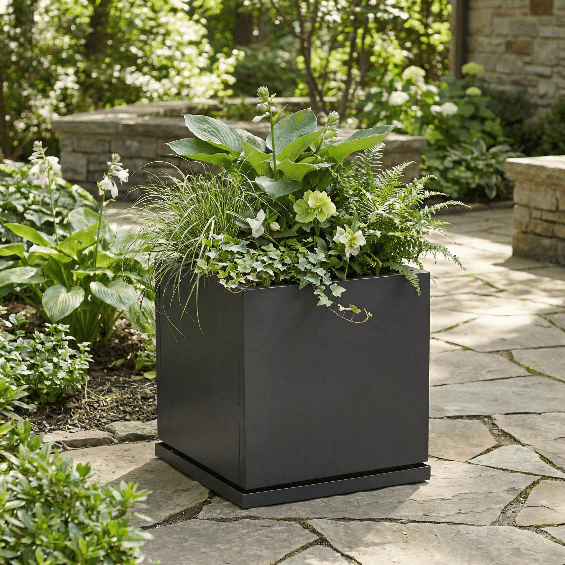 h potter planter 20 inch gray square with plants on a stone patio