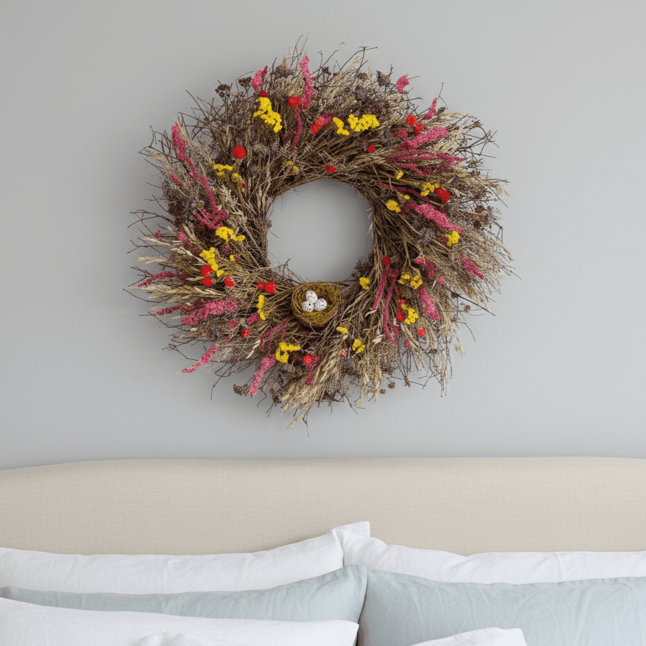 decorative spring wreath, pink and yellow botanicals with birds nest above bed