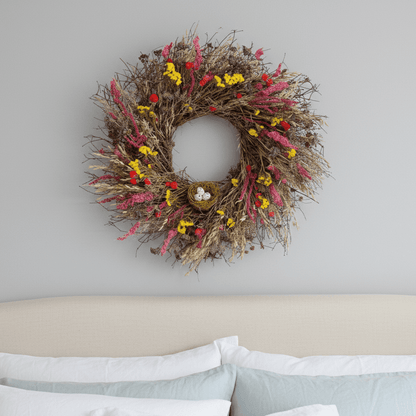 decorative spring wreath, pink and yellow botanicals with birds nest above bed