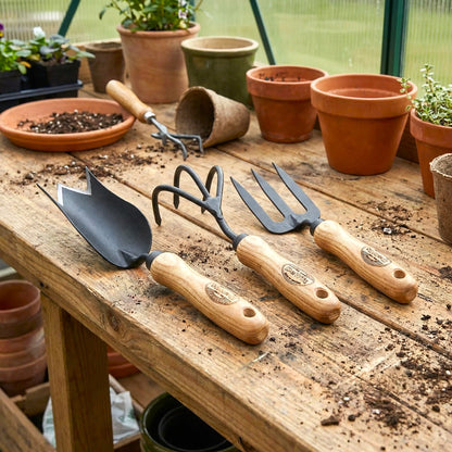 H Potter × DeWit 3-piece bulb planting tool set with tulip trowel, 3-tine cultivator, and hand fork on garden bench