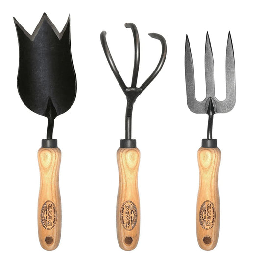 H Potter × DeWit 3-piece bulb planting tool set with tulip trowel, 3-tine cultivator, and hand fork on white background
