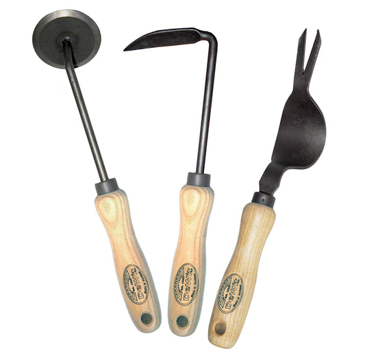 H Potter × DeWit 3-piece weeding gift set with forged Disc Weeder, Cape Cod Weeder, and Weed Popper on white background