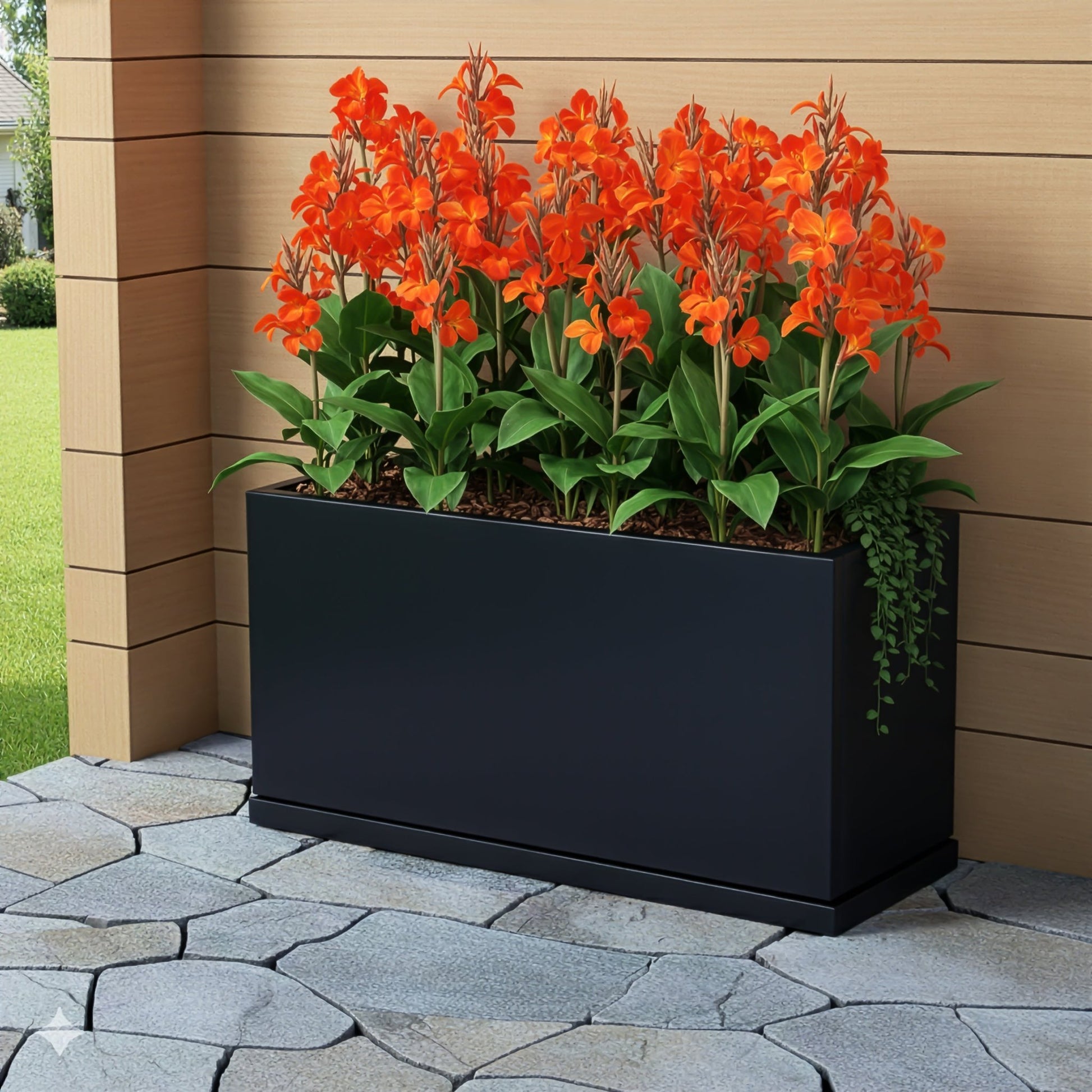 h potter black rectangle planter with orange flowers on back patio