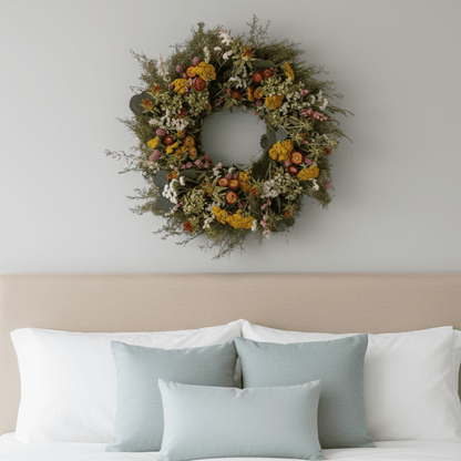 floral spring wreath above a bed