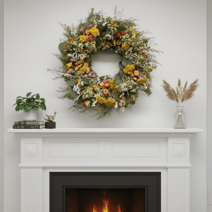 floral spring wreath with pink and yellow flowers above a white mantel