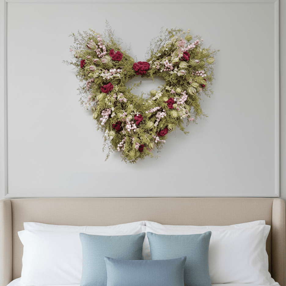 heart shaped valentines wreath with pink and red flowers above a bed