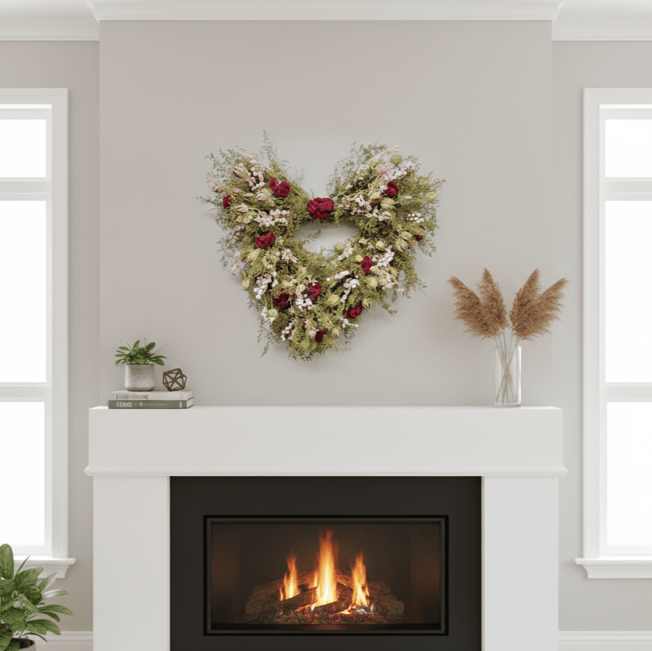 Heart-shaped floral arrangement above a fireplace with decorative plants on either side.