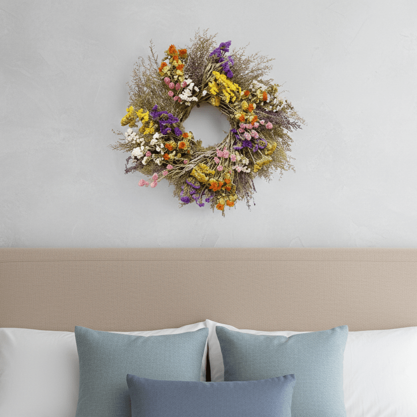 spring botanical wreath above a bed 