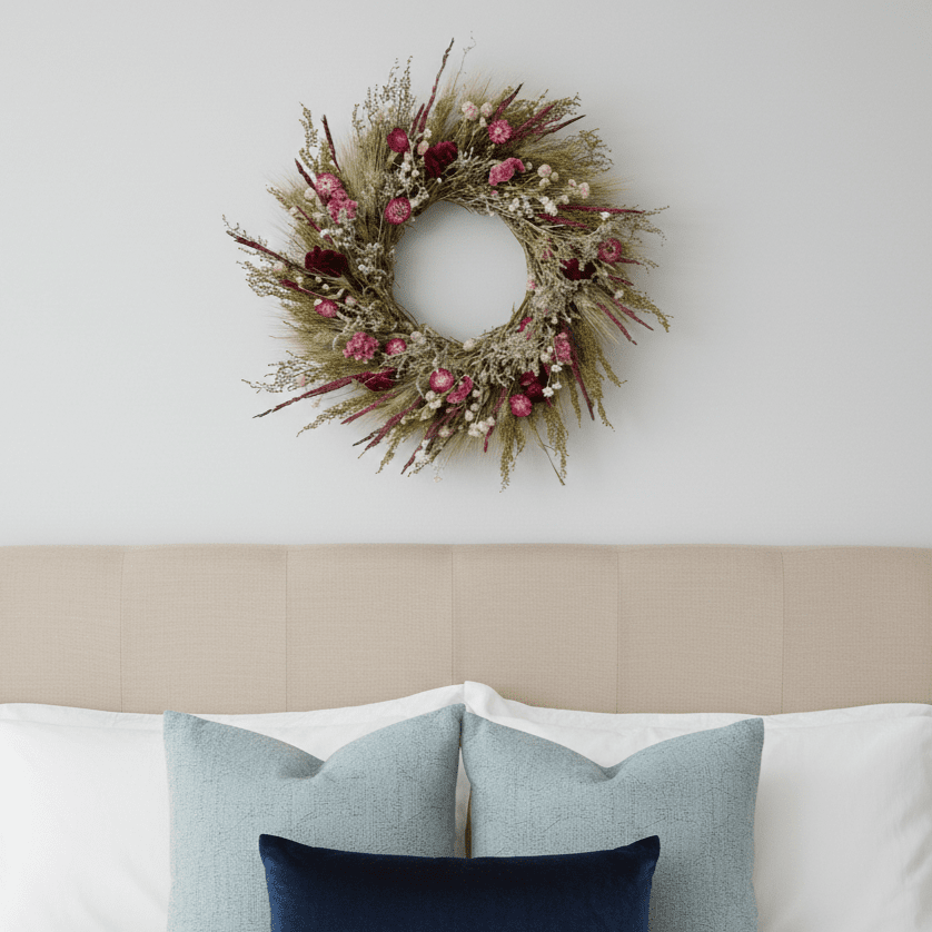 decorative spring wreath with bright seasonal botanicals above a bed